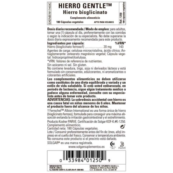 Hierro Gentle que No estriñe 20 mg - 180 Cápsulas Veganas