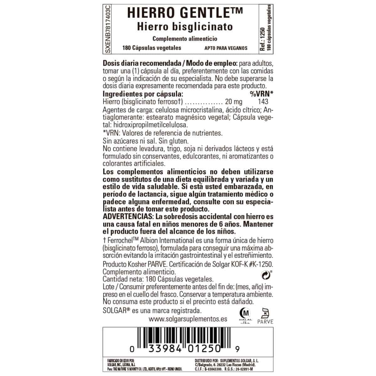 Hierro Gentle que No estriñe 20 mg – 180 Cápsulas Veganas