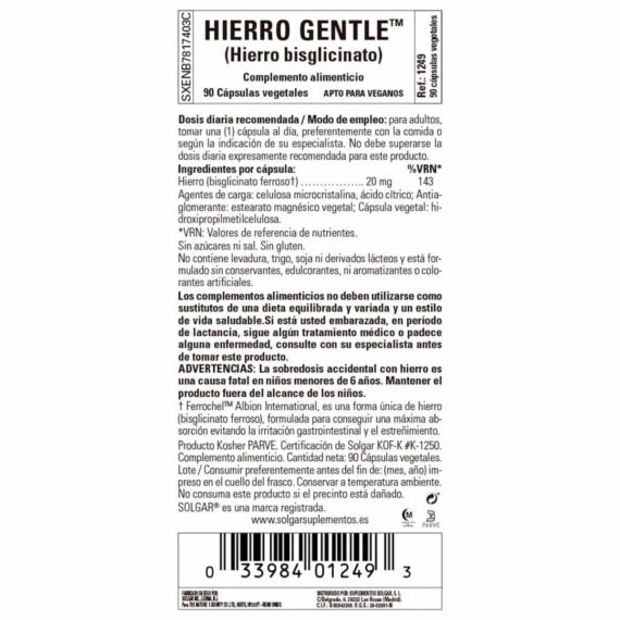 Hierro Gentle que No estriñe 20 mg - 90 Cápsulas Veganas