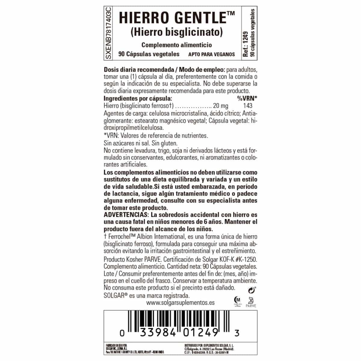 Hierro Gentle que No estriñe 20 mg – 90 Cápsulas Veganas