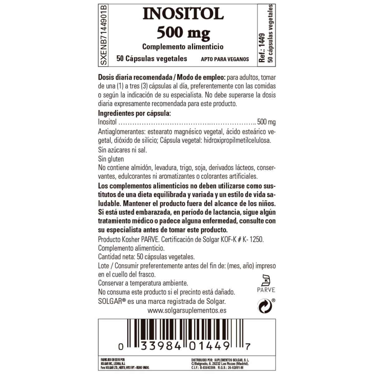 Inositol 500 mg – 50 Cápsulas Veganas