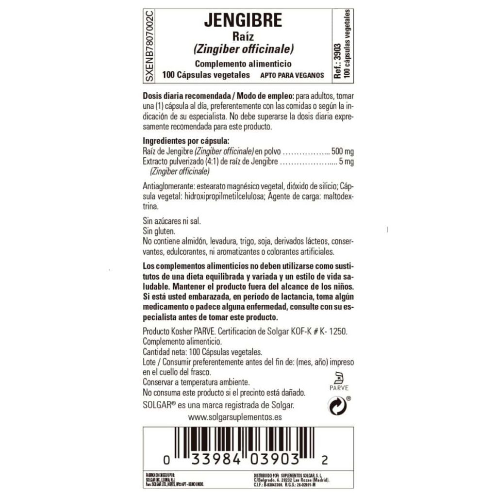 Jengibre 520 mg - 100 Cápsulas Veganas detalle 1