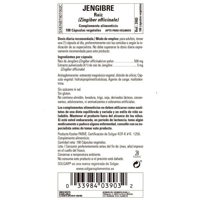 Jengibre 520 mg – 100 Cápsulas Veganas