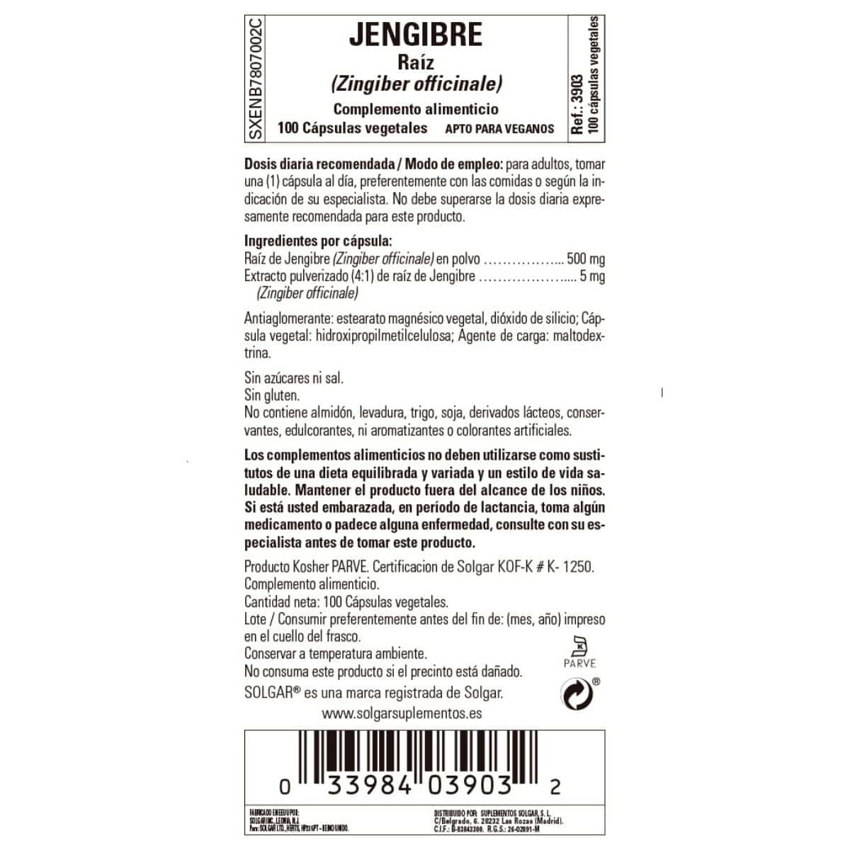 Jengibre 520 mg – 100 Cápsulas Veganas