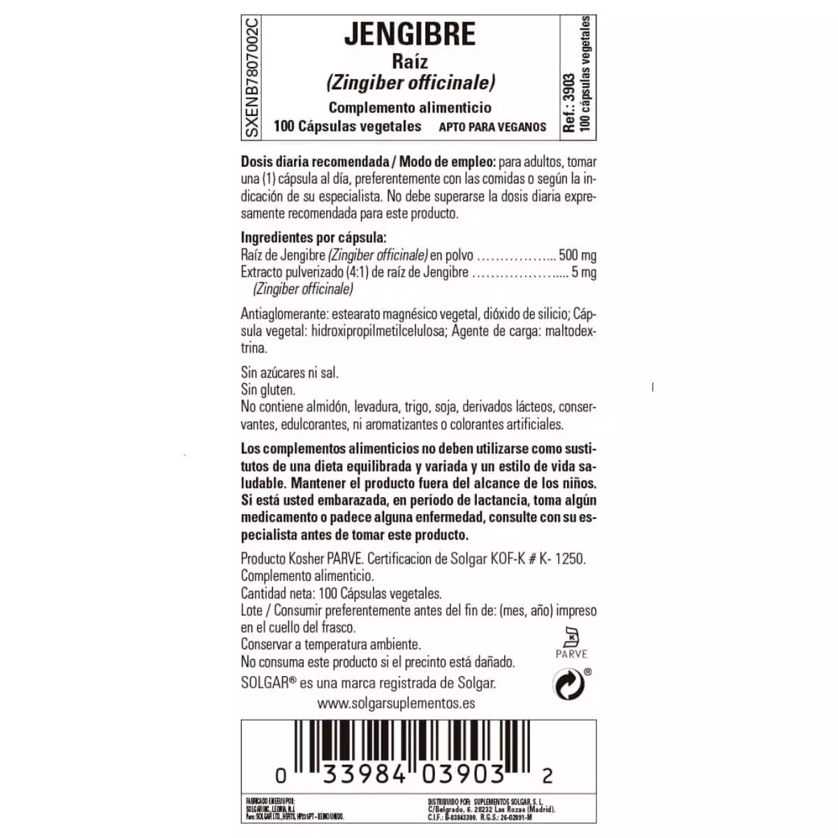 Jengibre 520 mg – 100 Cápsulas Veganas