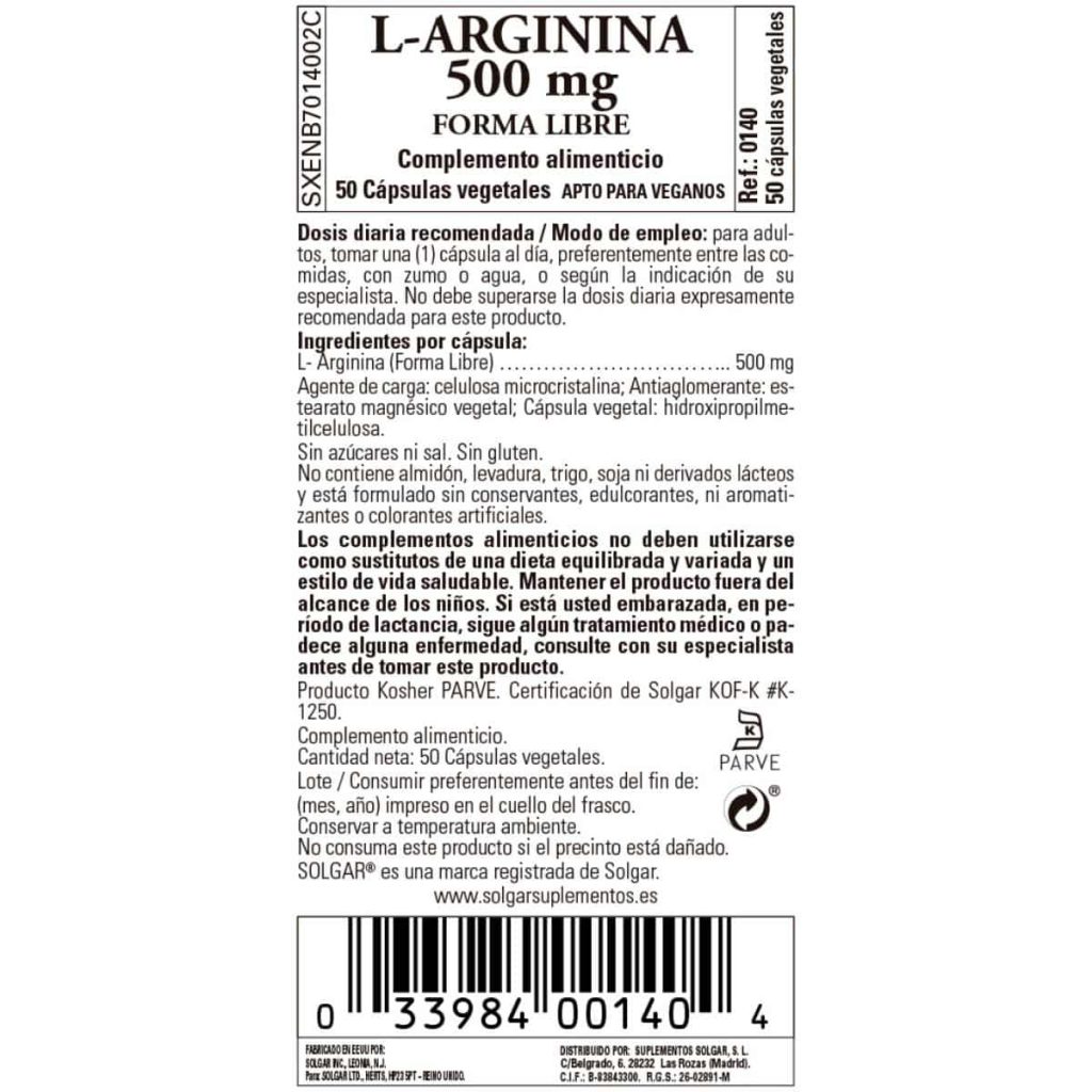 L-Arginina 500 mg - 50 Cápsulas Veganas detalle 1