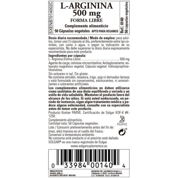L-Arginina 500 mg - 50 Cápsulas Veganas