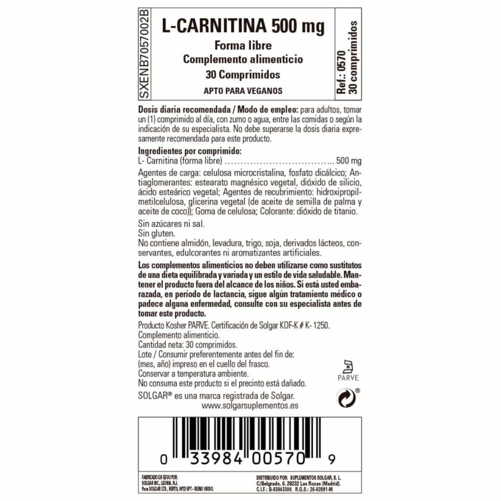 L-Carnitina 500 mg - 30 Comprimidos detalle 1