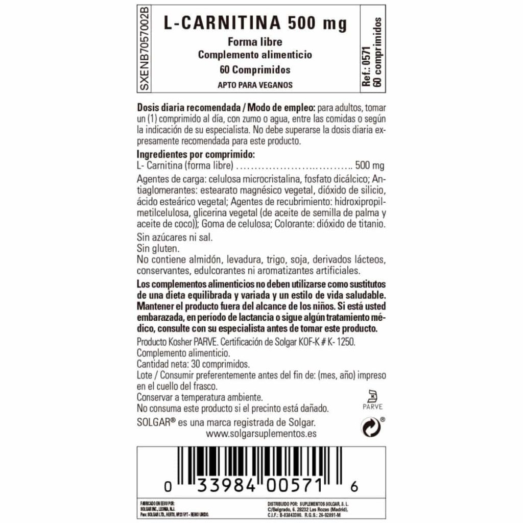 L-Carnitina 500 mg - 60 Comprimidos detalle 1