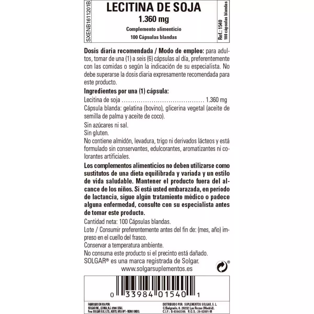 Lecitina de Soja 1360 mg – 100 Perlas