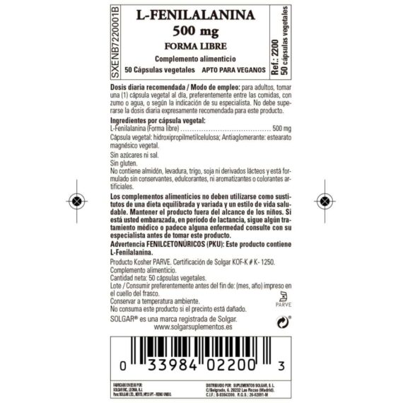 L-Fenilalanina 500 mg - 50 Cápsulas Veganas