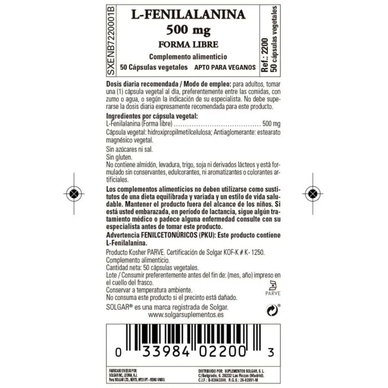 L-Fenilalanina 500 mg – 50 Cápsulas Veganas