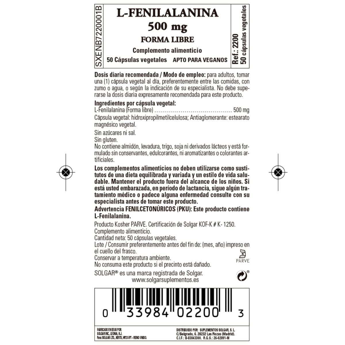 L-Fenilalanina 500 mg – 50 Cápsulas Veganas