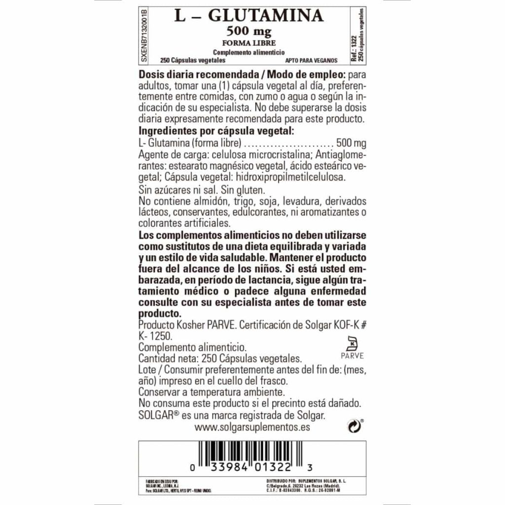L-Glutamina 500 mg - 250 Cápsulas Veganas detalle 1