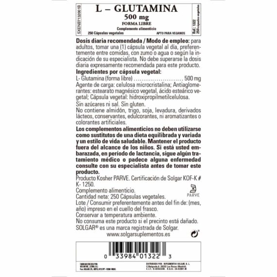 L-Glutamina 500 mg - 250 Cápsulas Veganas