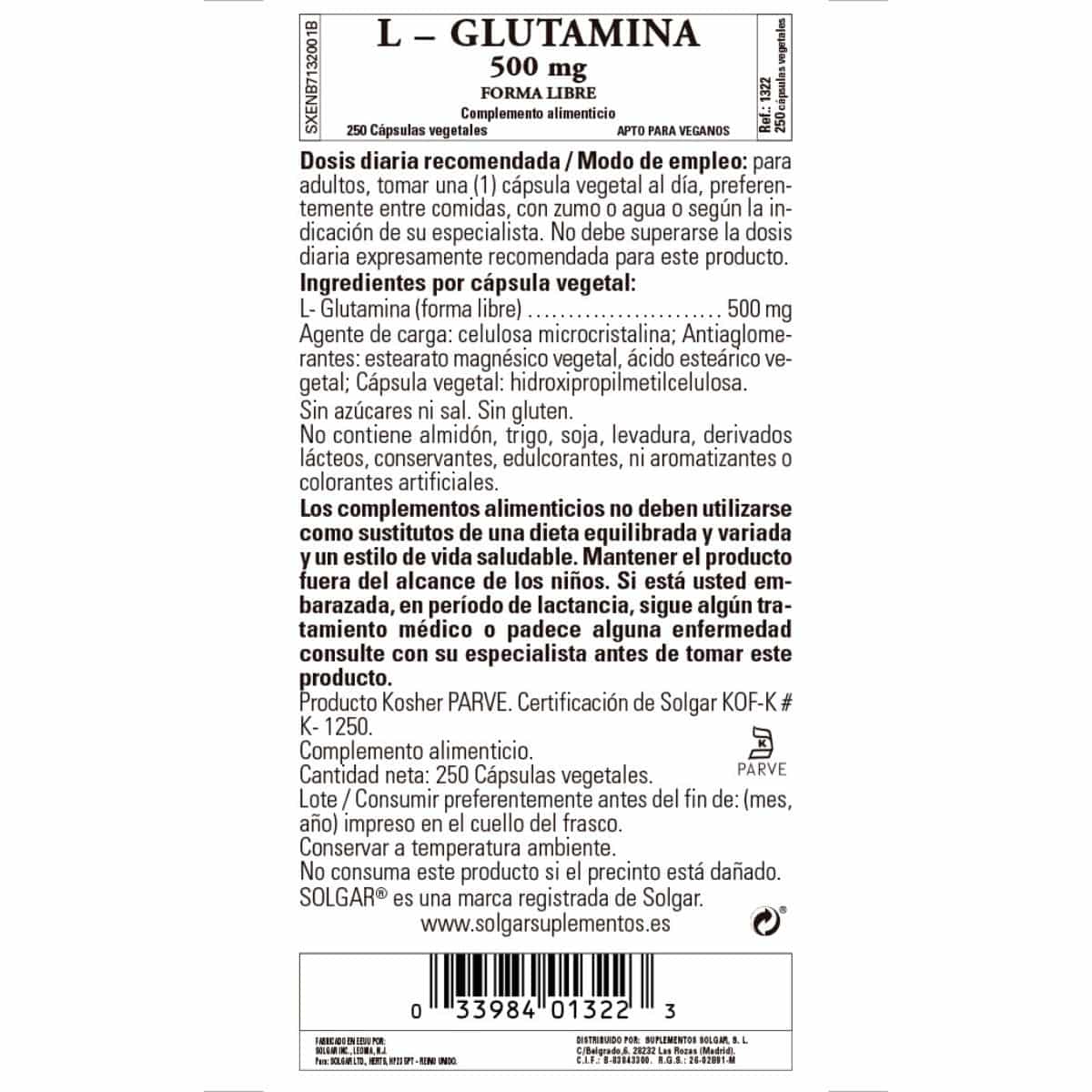 L-Glutamina 500 mg – 250 Cápsulas Veganas