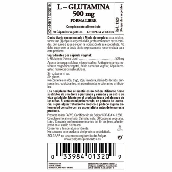 L-Glutamina 500 mg - 50 Cápsulas Veganas