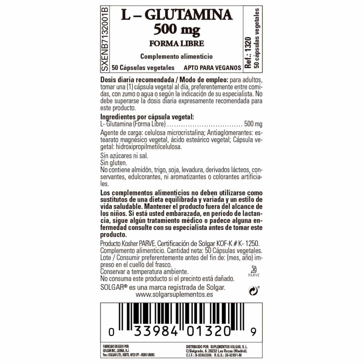 L-Glutamina 500 mg – 50 Cápsulas Veganas