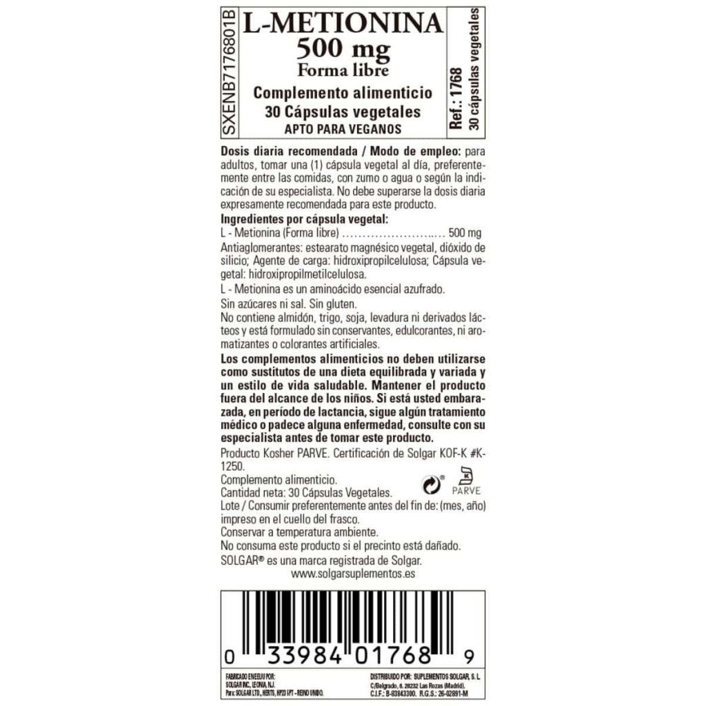L-Metionina 500 mg - 30 Cápsulas Veganas detalle 1