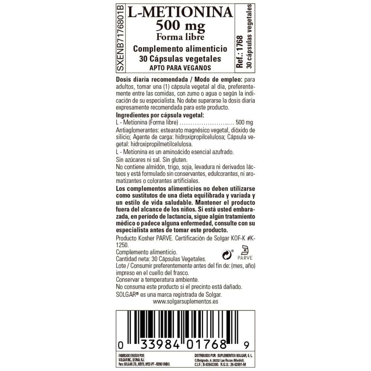 L-Metionina 500 mg – 30 Cápsulas Veganas