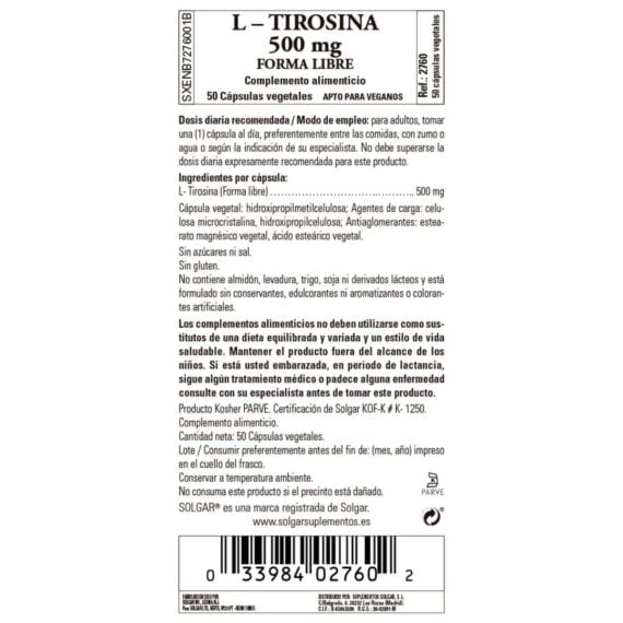 L-Tirosina 500 mg - 50 Cápsulas Veganas