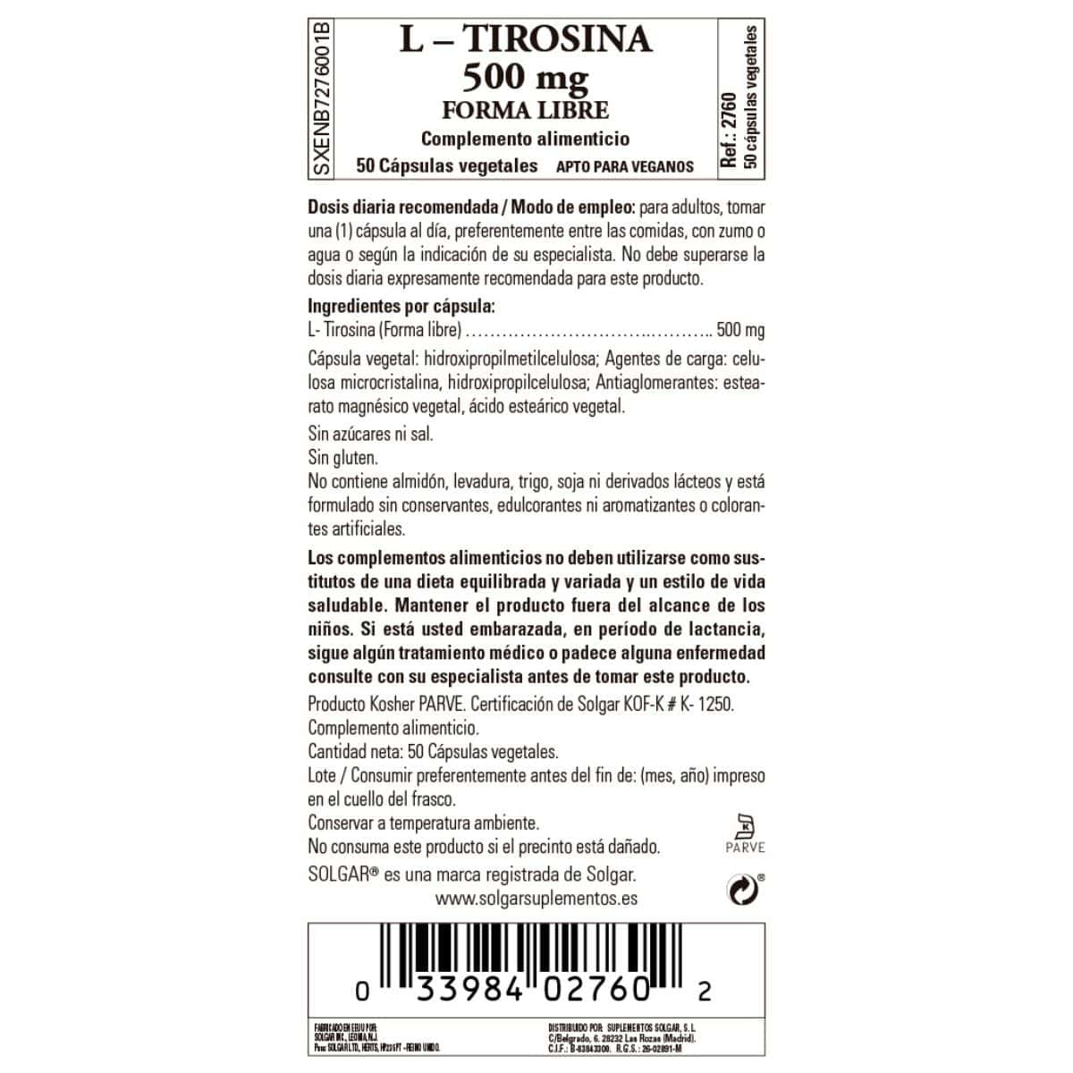 L-Tirosina 500 mg – 50 Cápsulas Veganas