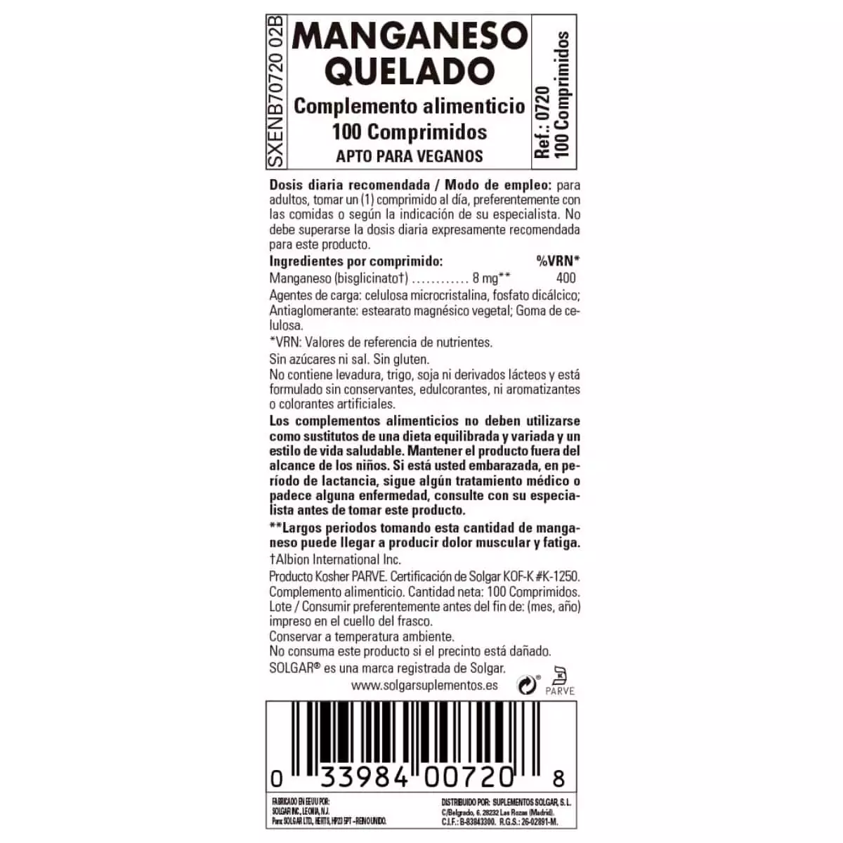 Manganeso Quelado – 100 Comprimidos