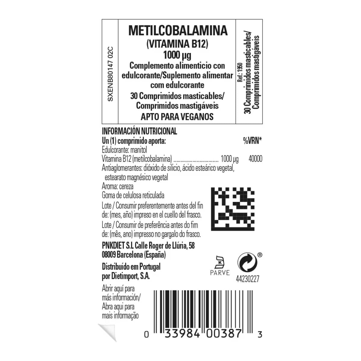 Vitamina B12 – 1000 mcg – 30 Comprimidos Masticable