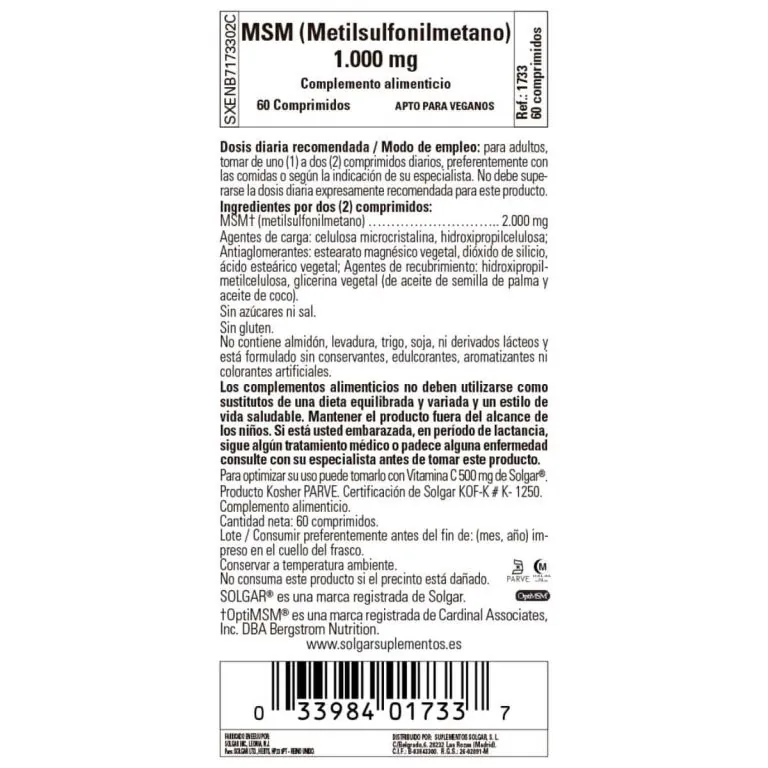 MSM -Metilsulfonilmetano- 1000 mg – 60 Comprimidos