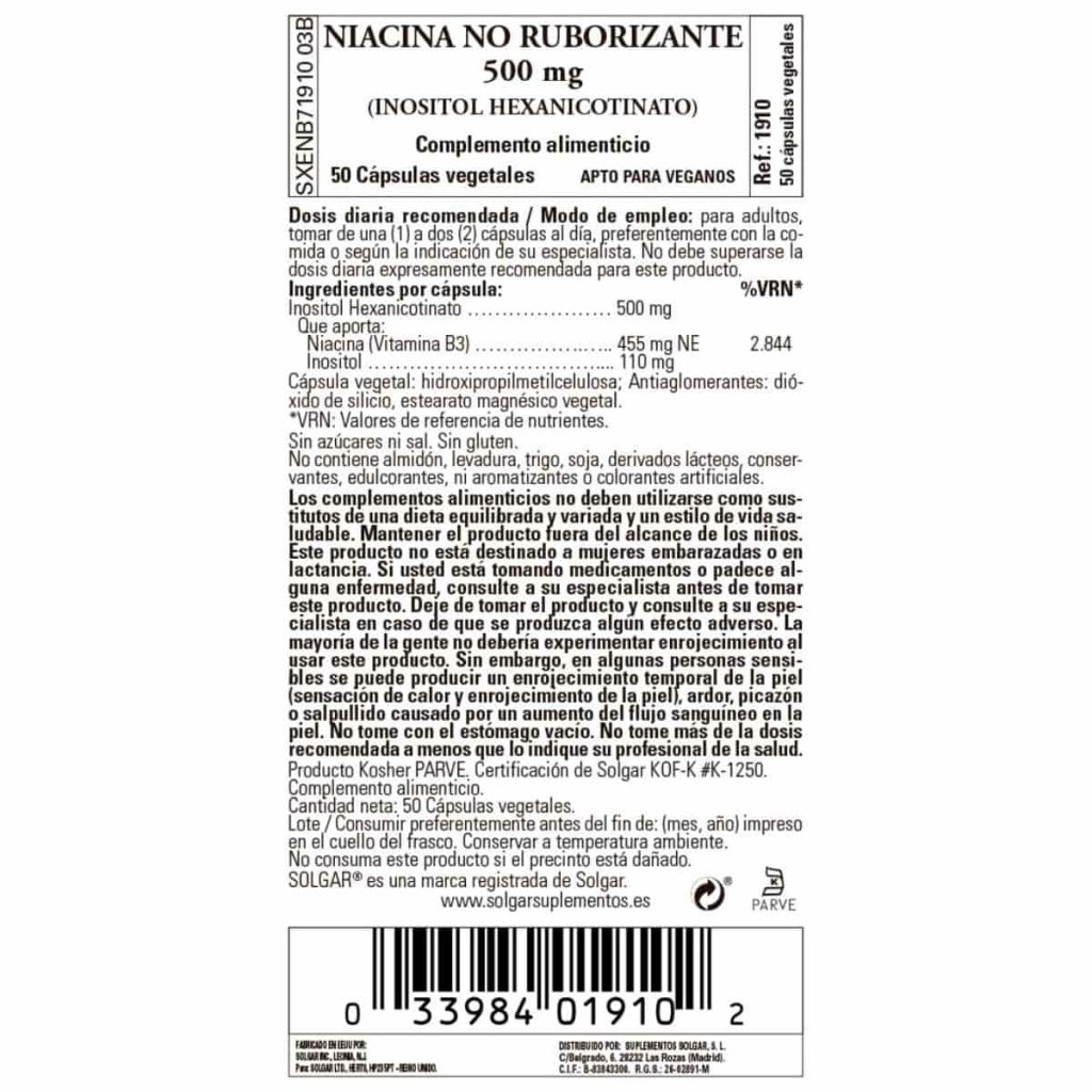 Niacina -No ruborizante- 500 mg - 50 Cápsulas Veganas detalle 1