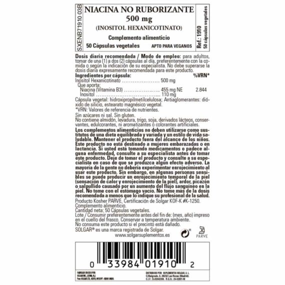 Niacina -No ruborizante- 500 mg - 50 Cápsulas Veganas