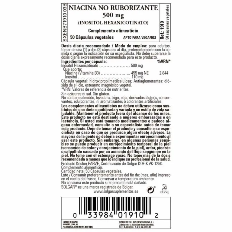 Niacina -No ruborizante- 500 mg – 50 Cápsulas Veganas