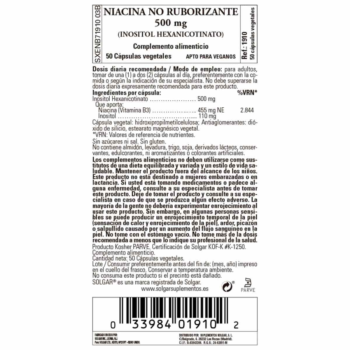 Niacina -No ruborizante- 500 mg – 50 Cápsulas Veganas