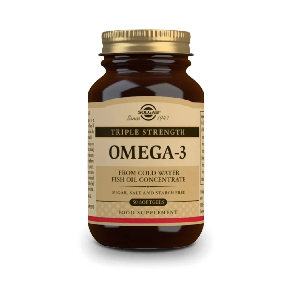 lateral del bote de omega 3 triple concentración - 50 cápsulas blandas solgar