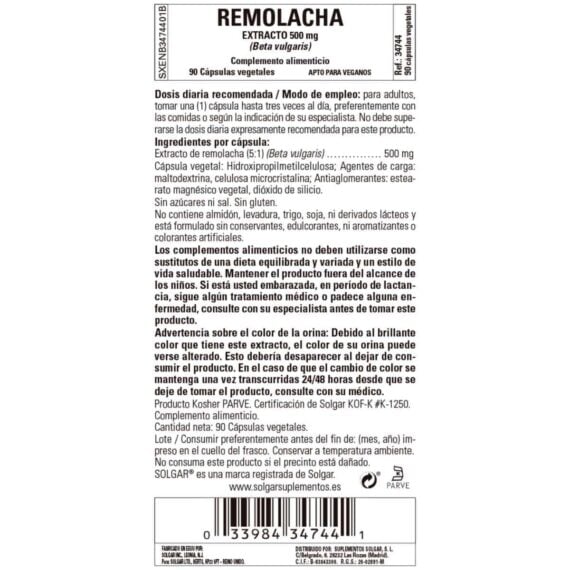 Remolacha Extracto 500 mg - 90 Cápsulas Veganas