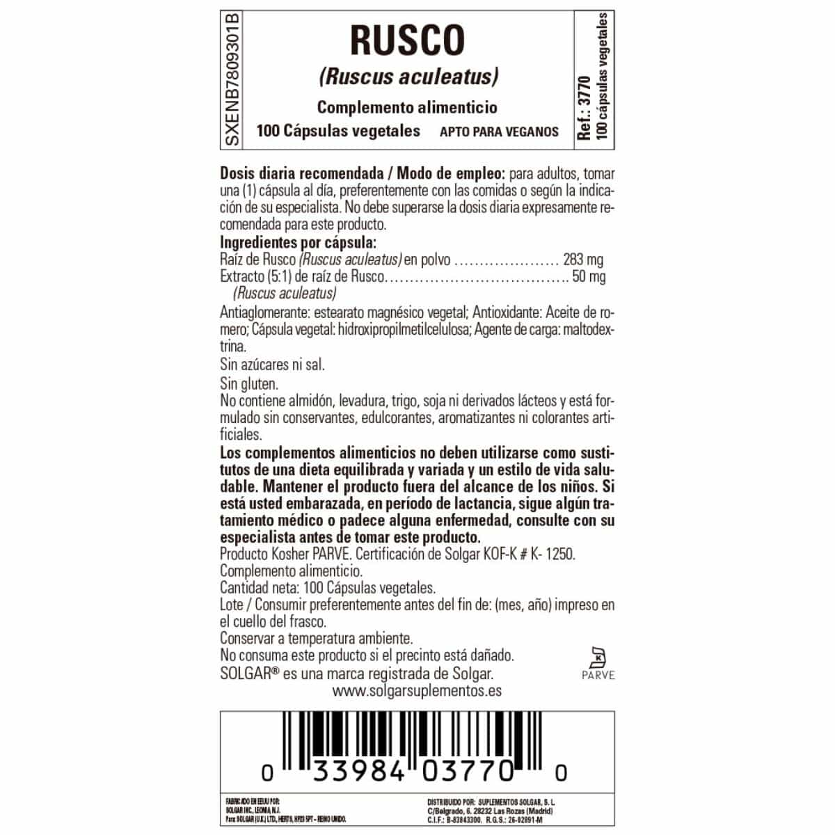 Rusco 520 mg – 100 Cápsulas Veganas