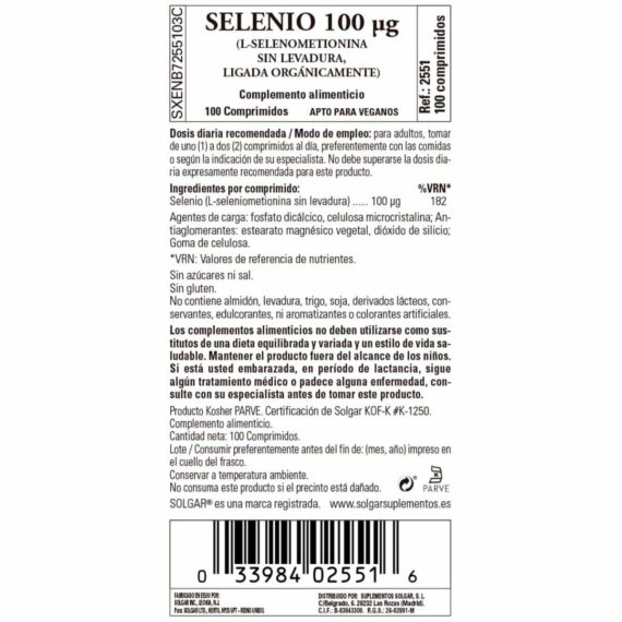 Selenio 100 mcg Sin Levadura - 100 Comprimidos
