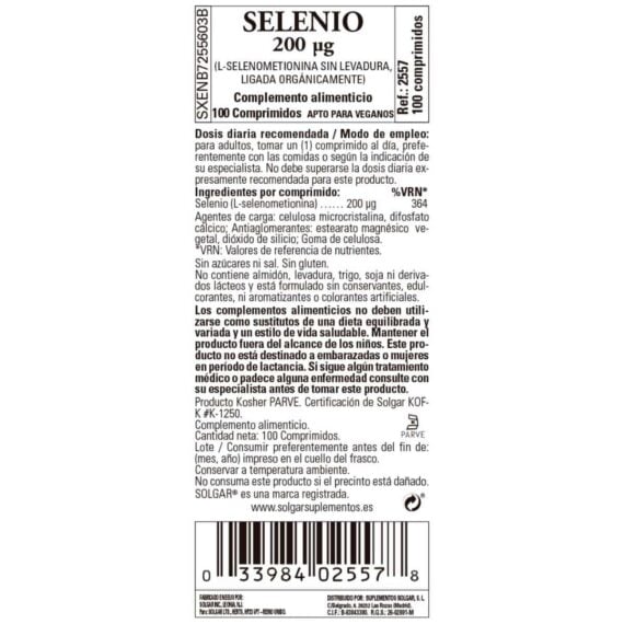 Selenio 200 mcg Sin Levadura - 100 Comprimidos