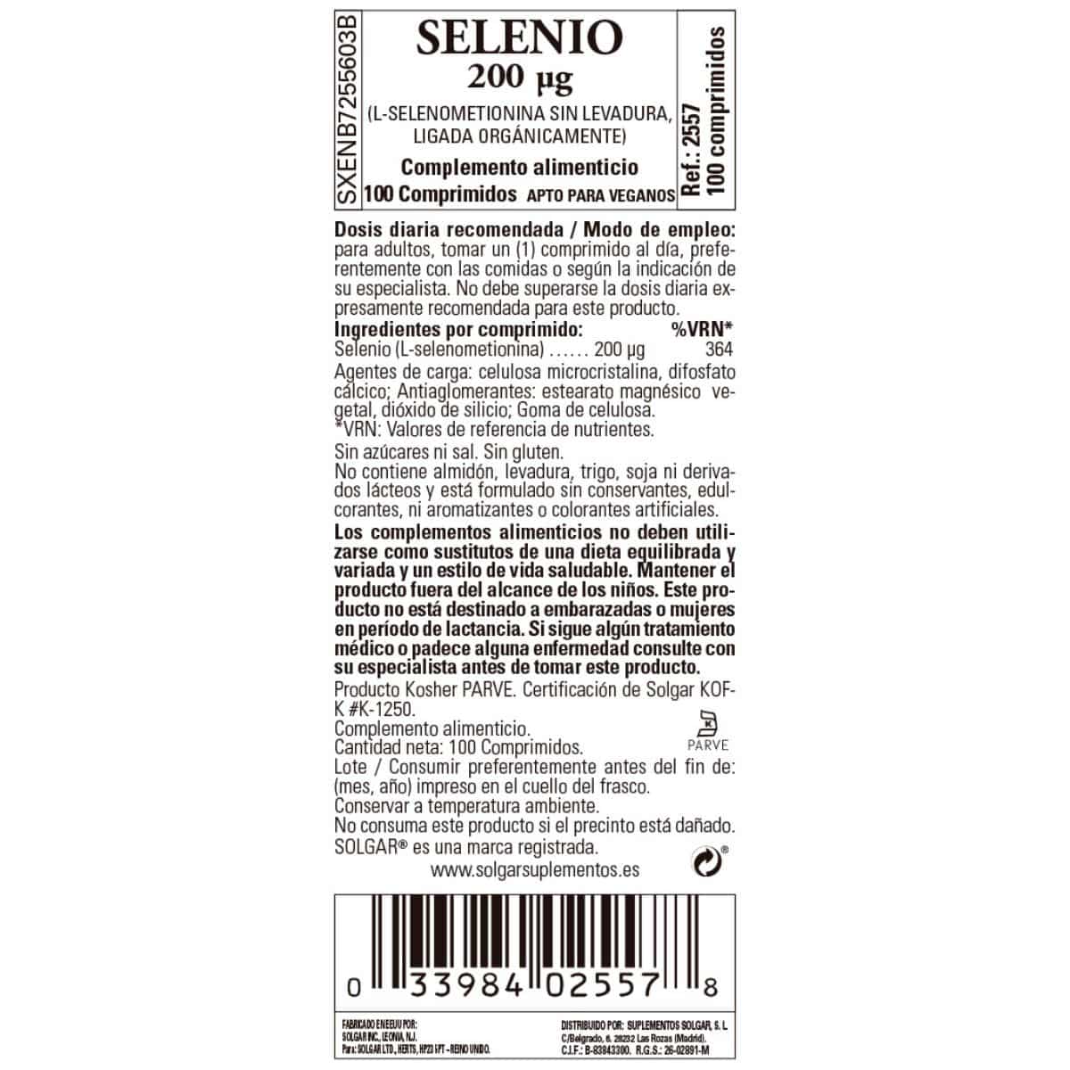 Selenio 200 mcg Sin Levadura – 100 Comprimidos