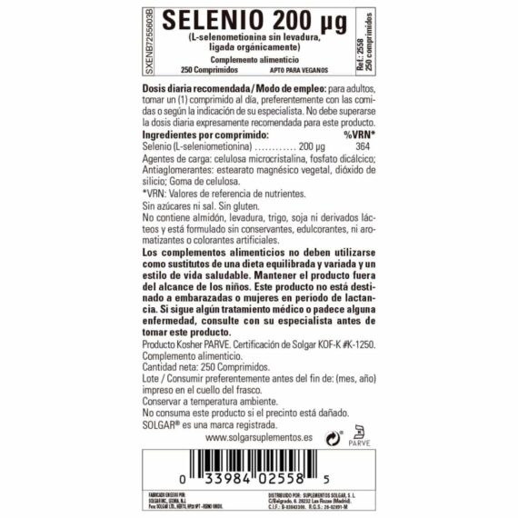 Selenio 200 mcg Sin Levadura - 250 Comprimidos