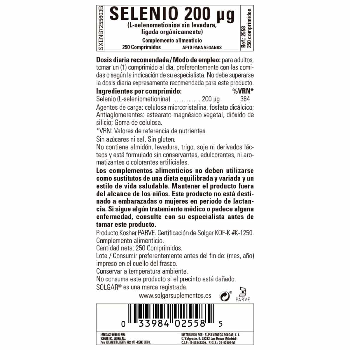 Selenio 200 mcg Sin Levadura – 250 Comprimidos