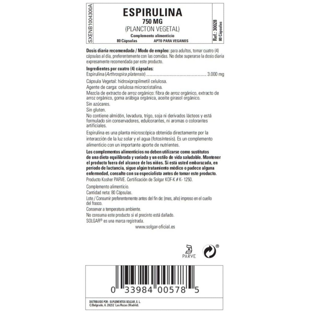 Espirulina Vegetariana 750 mg - 80 Cápsulas Veganas detalle 1