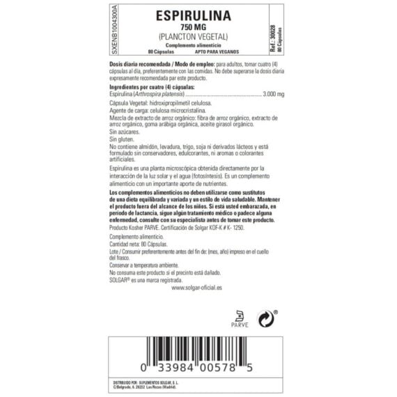 Espirulina Vegetariana 750 mg - 80 Cápsulas Veganas