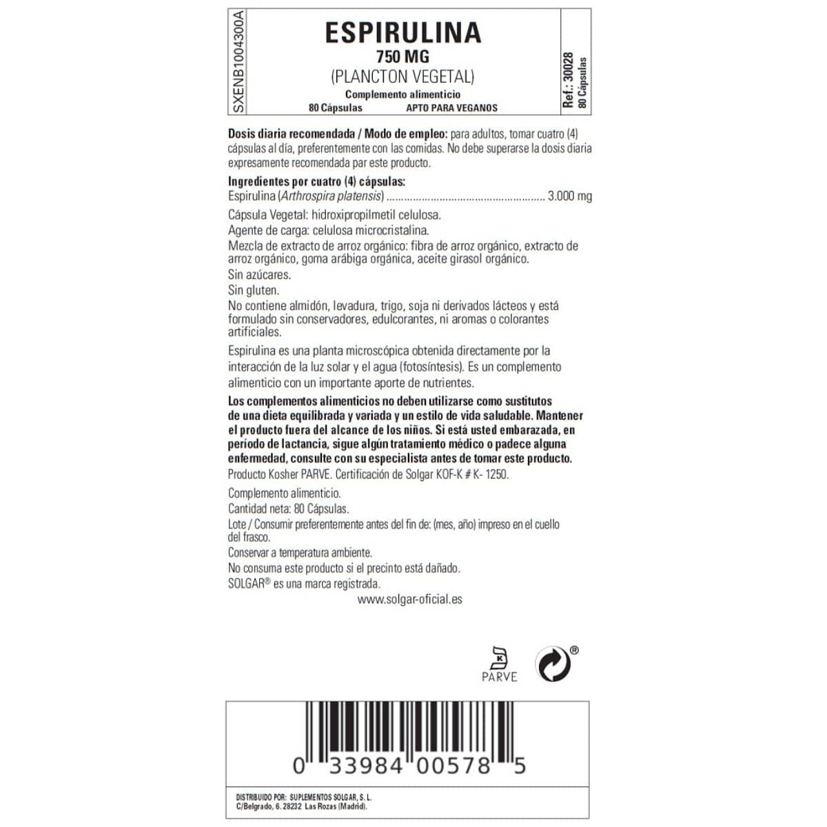 Espirulina Vegetariana 750 mg – 80 Cápsulas Veganas