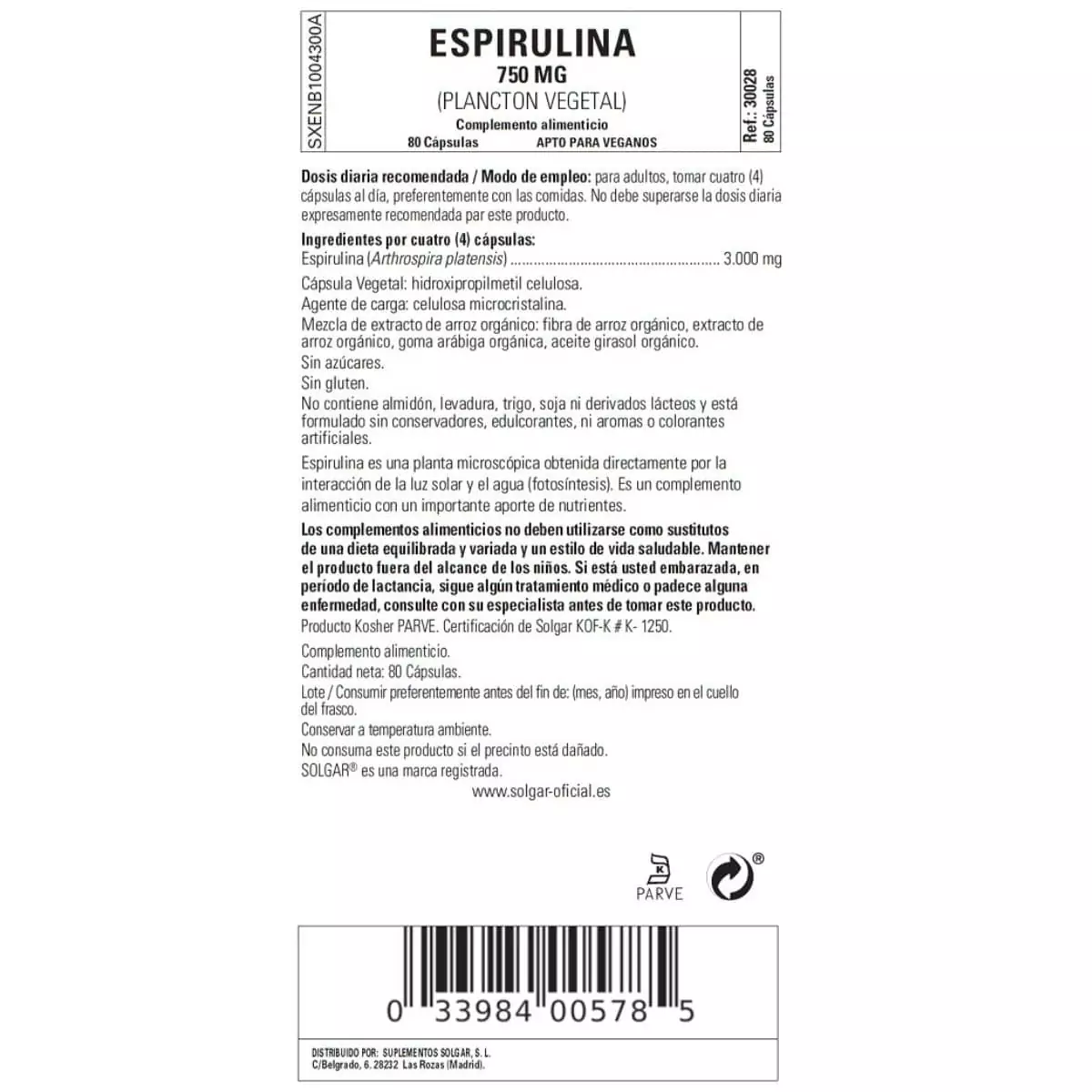 Espirulina Vegetariana 750 mg – 80 Cápsulas Veganas