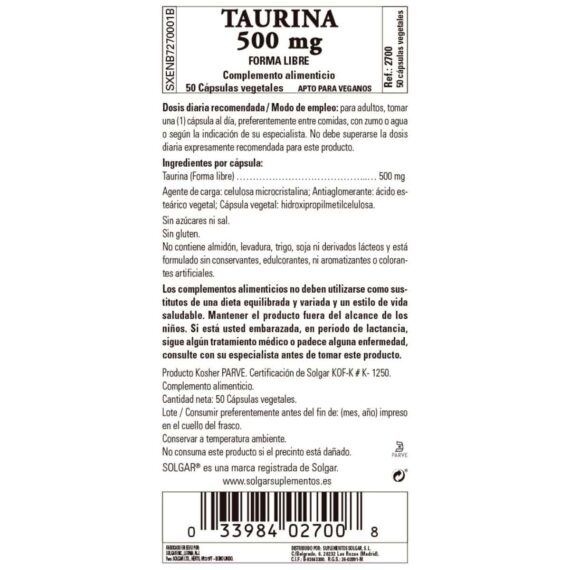 Taurina 500 mg - 50 Cápsulas Veganas