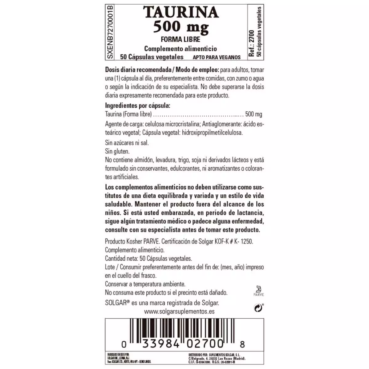 Taurina 500 mg – 50 Cápsulas Veganas