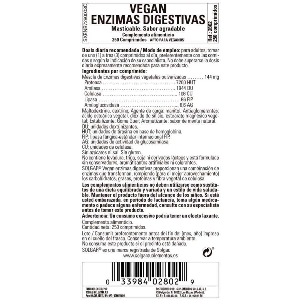 Enzimas Digestivas Veganas - 250 Comprimidos Masticables detalle 1