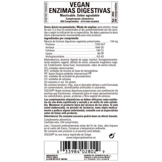 Enzimas Digestivas Veganas - 250 Comprimidos Masticables