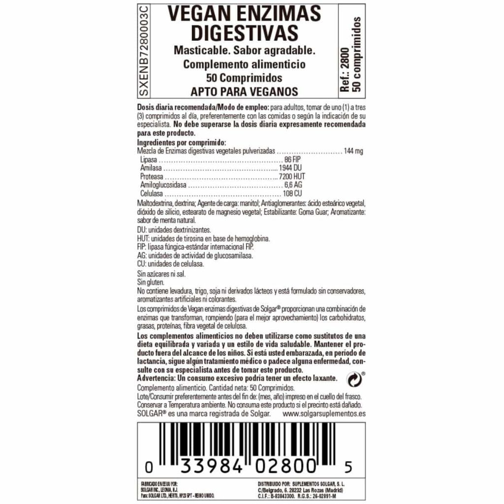 Enzimas Digestivas Veganas - 50 Comprimidos Masticables detalle 1